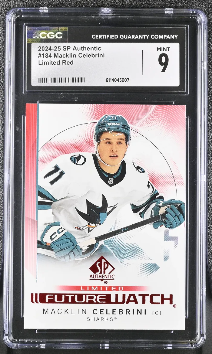2024-25 SP Authentic Macklin Celebrini, Limited Red parallel /184, graded CGC 9