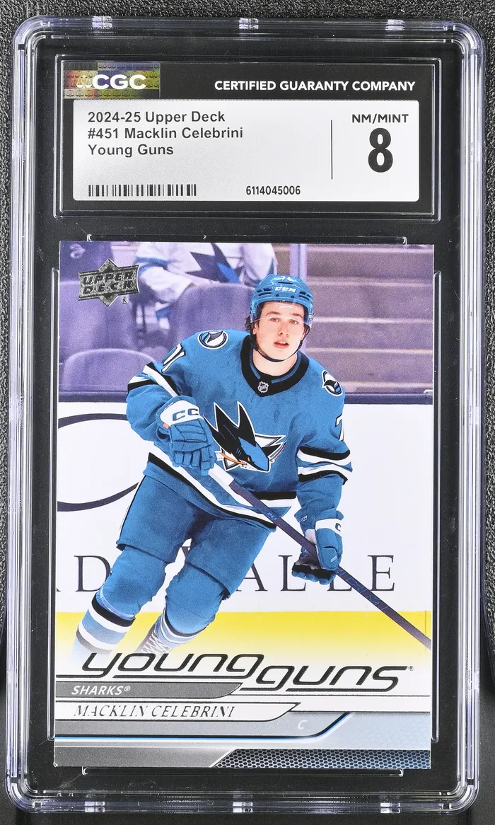 2024-25 Upper Deck Macklin Celebrini Young Guns, graded CGC 8 (NM/MINT)