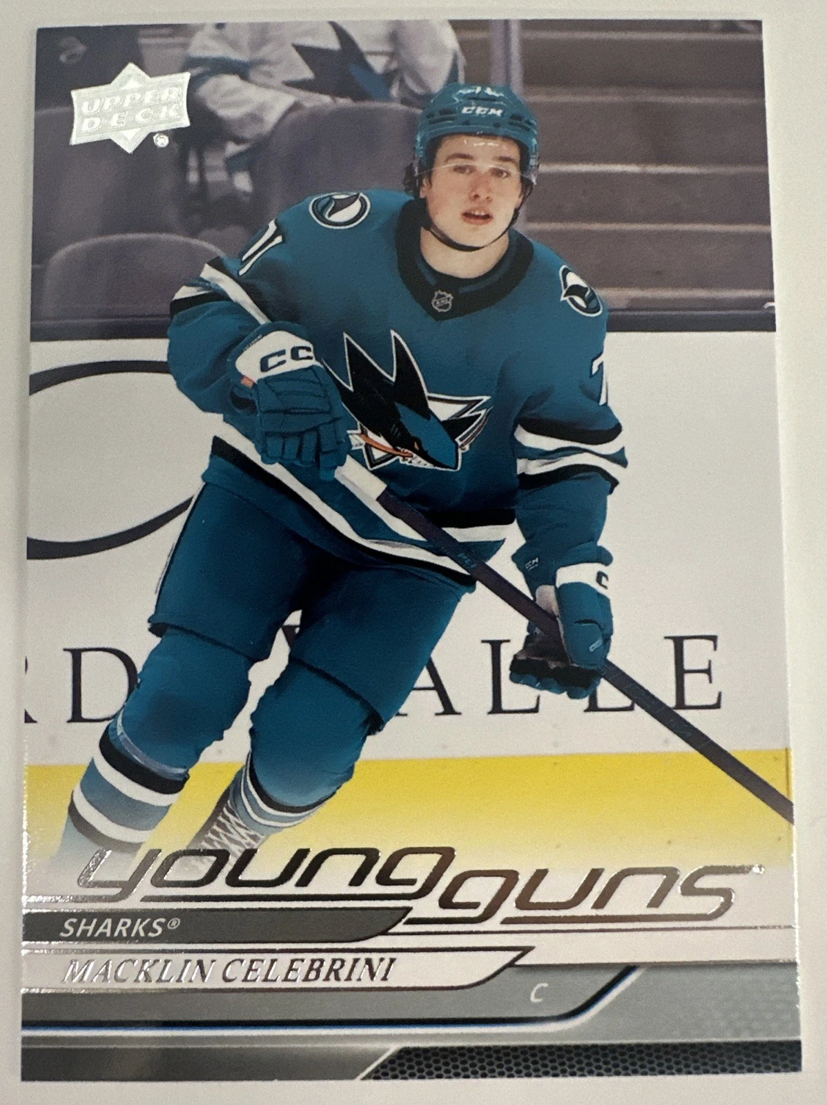 Raw Macklin Celebrini Young Guns card submitted to CGC with a CrackorKeep estimate of 9