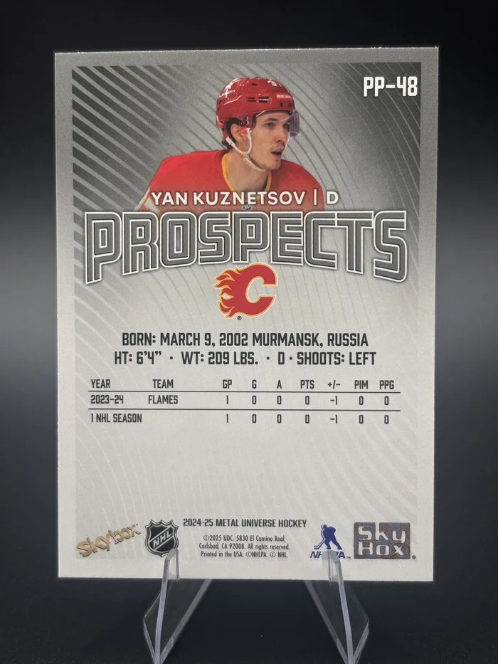 2024-25 Skybox Metal Universe Prospects Yan Kuznetsov, back of the card, in a clear stand